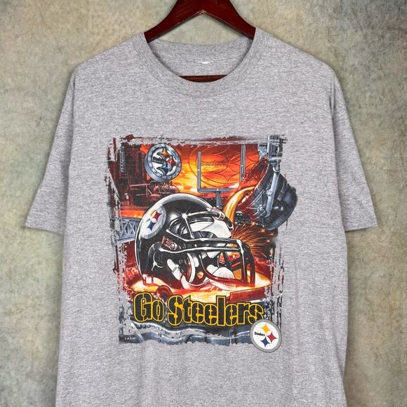 VTG 90s Pittsburgh Steelers Graphic T Shirt Sz L Gray NFL Football Helmet - Picture 2 of 7